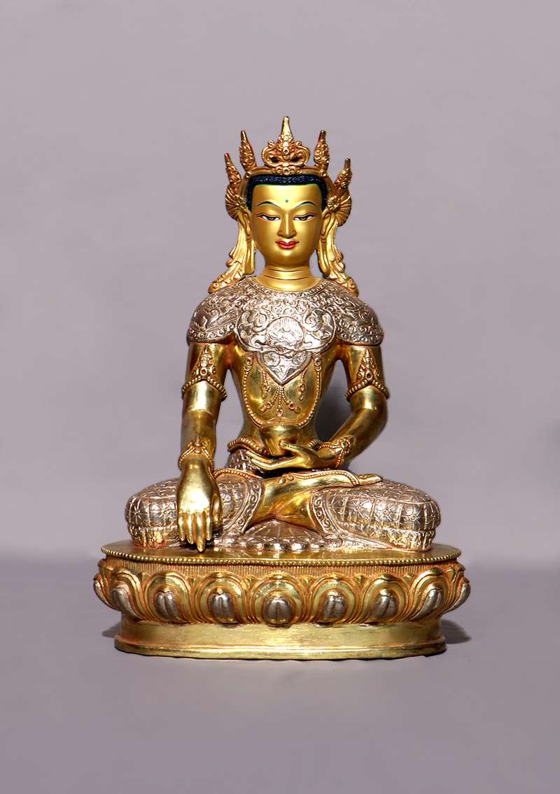 Fully Gold Plated Silver Crown Buddha Statue 10.5"H