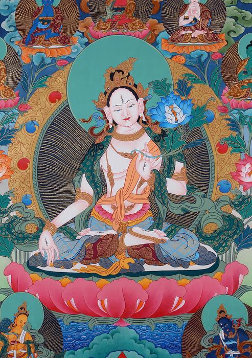 White Tara with Pancha Buddha Hongkong Silk Brocade Thangka Painting
