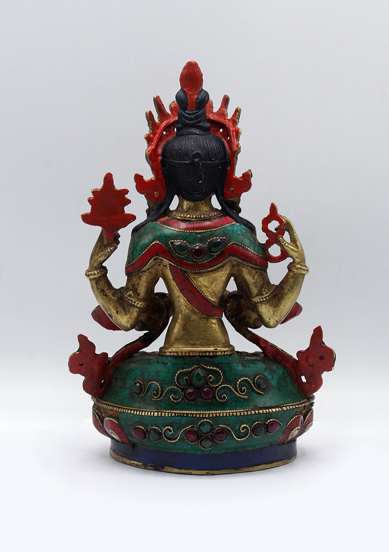 Stone Inlaid Copper Chenrezig Statue 9"H