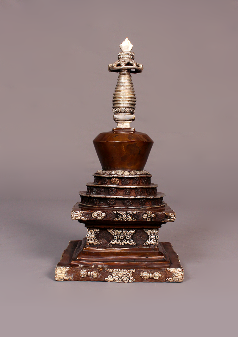 Silver Copper Tibetan Chorten Stupa 9"H