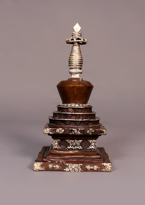 Silver Copper Tibetan Chorten Stupa 9"H