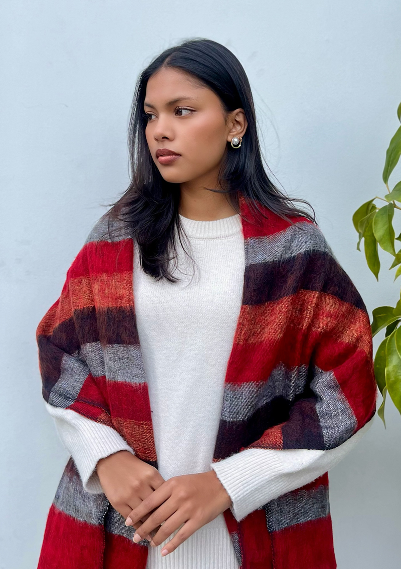Red Brown Mix Stripe Hand-loomed Yak Wool Shawl