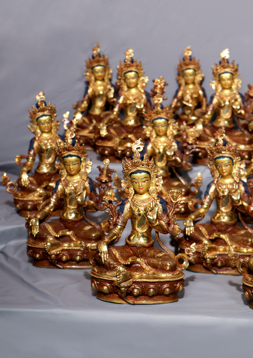 21 Tara Set Partly Goldplated Copper Statue 9" H
