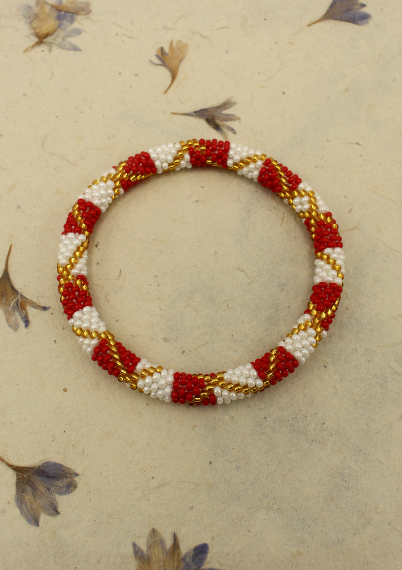 Golden Red White  Stripe Roll Beads Bracelet
