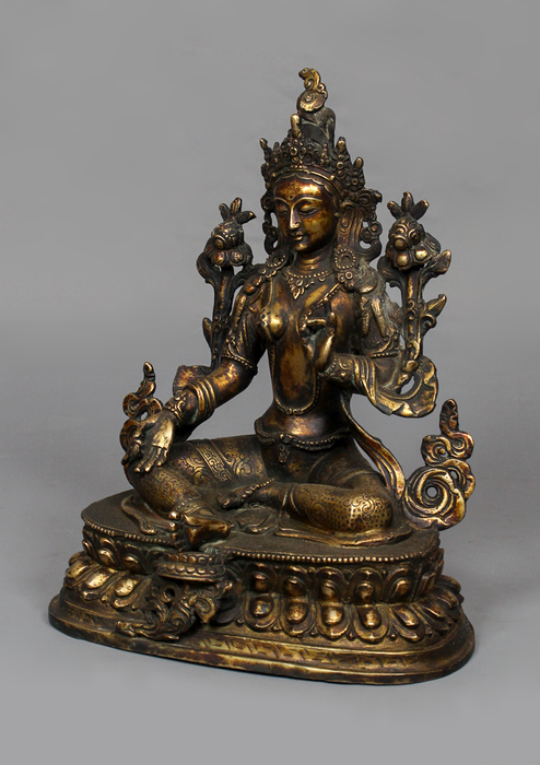 Antique Style Copper Green Tara Statue 9.5" H