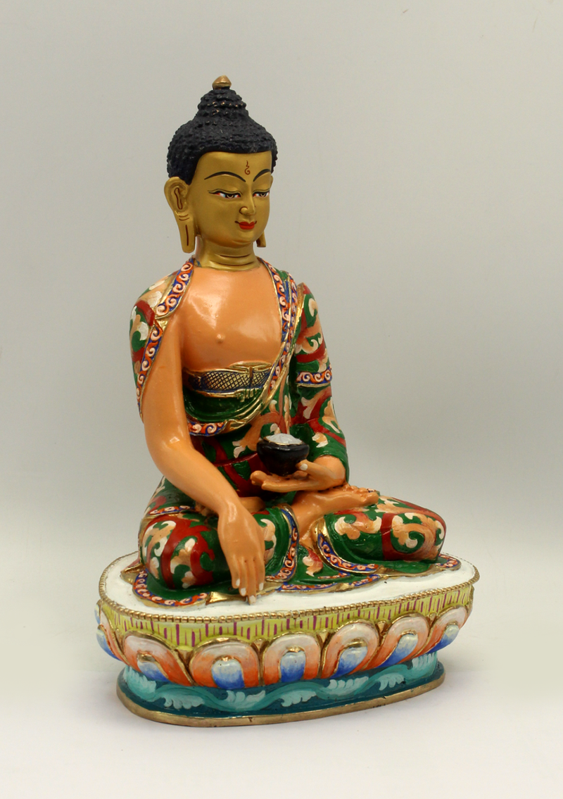 Partly Gold Plated Floral Motif Painted Shakyamuni Buddha Statue 8"H