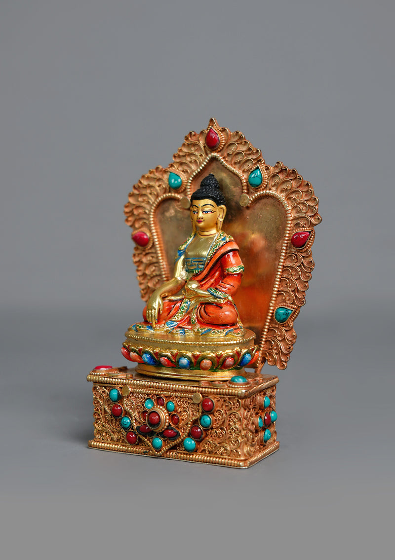 Handpainted Shakyamuni Buddha Statue with Stone-Inlaid Throne