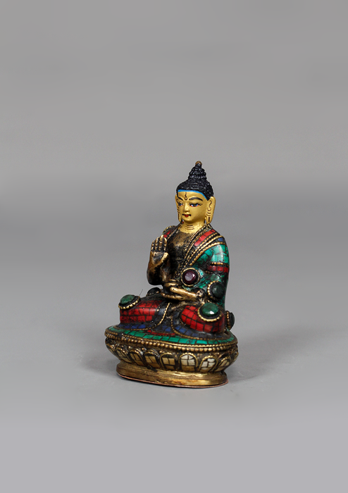 Stone Inlaid Copper Amoghasiddhi Buddha Statue 3.25" H