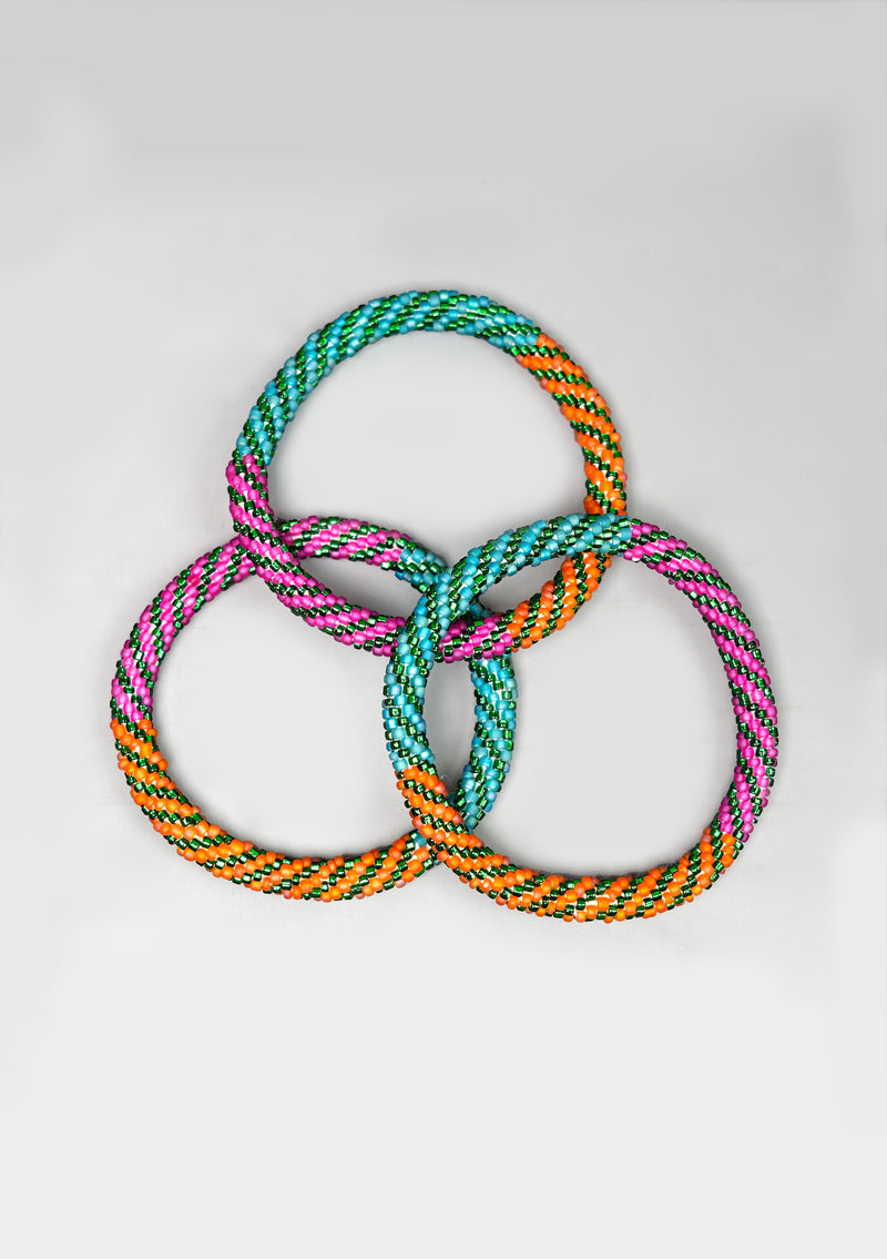 Orange, Pink and Green Mixed Nepalese Roll Beads Bracelet