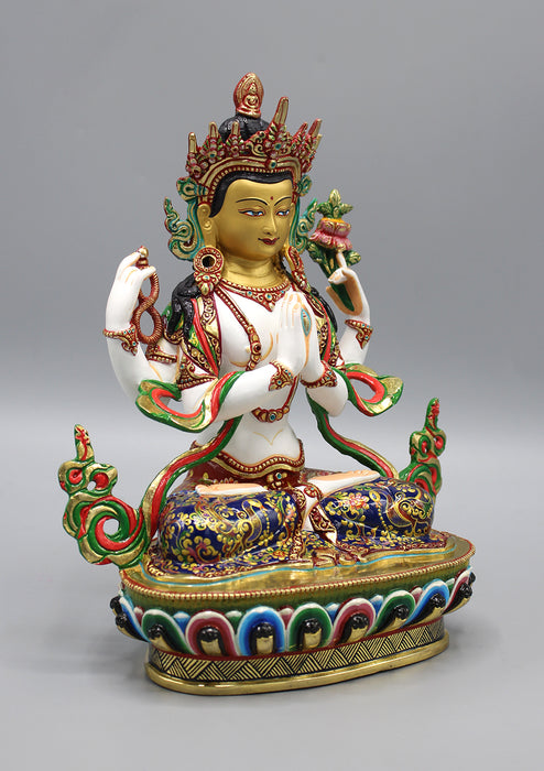 Hand Painted Four Armed White Chenrezig Partly Gold Plated Statue