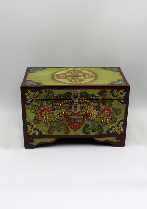 Handpainted Tibetan Double Dorjee Green Wooden Box -Large