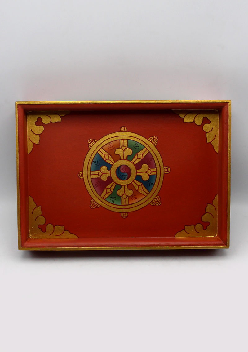 Handcrafted Dharmachakra Rectangular Tibetan Tray- Red