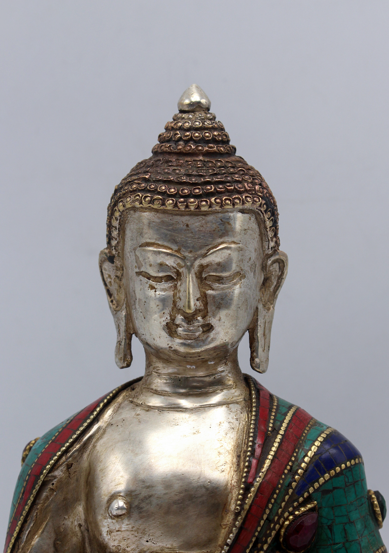 Stone Inlaid Copper Silverplated Amitabha Buddha Statue 6.5"H