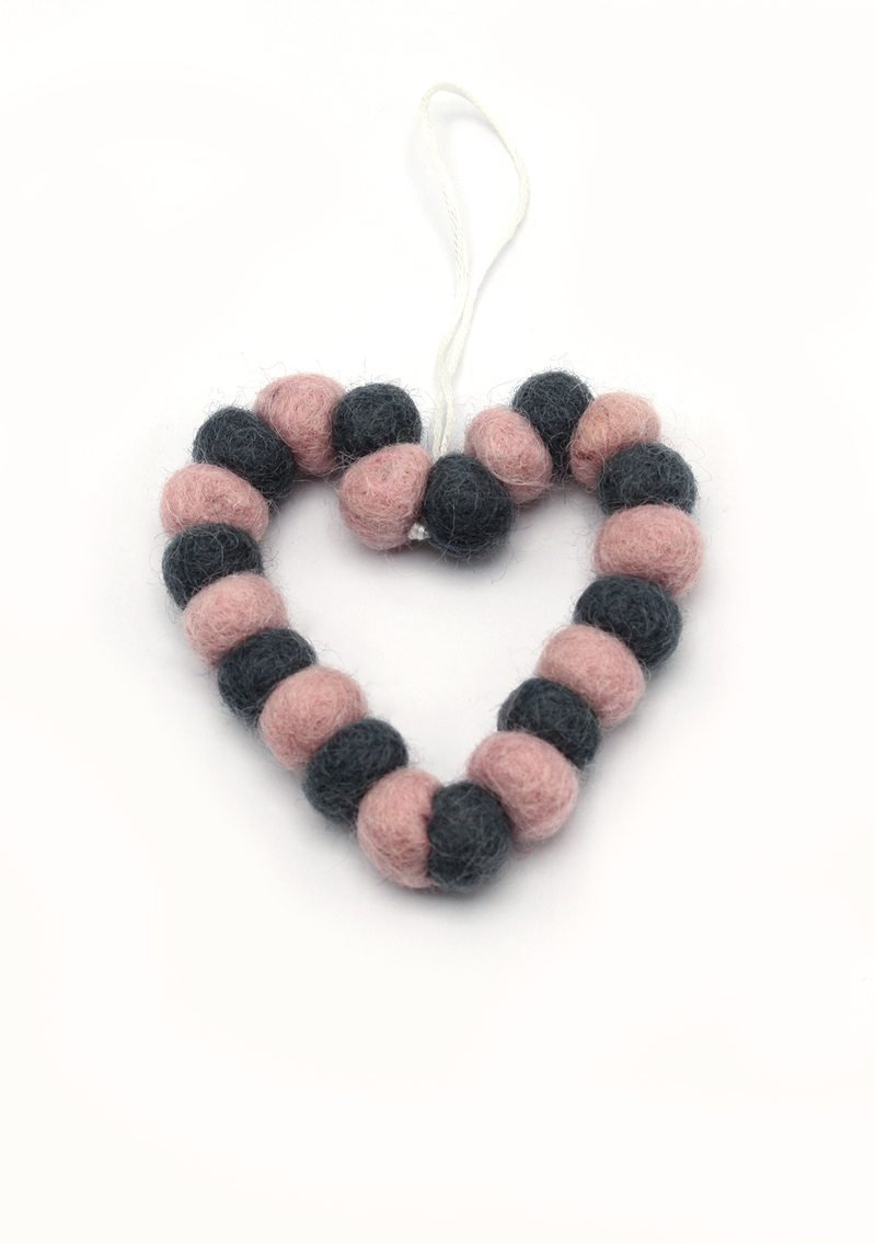 Pink and Green Felt Ball Heart Christmas Hanging Ornament