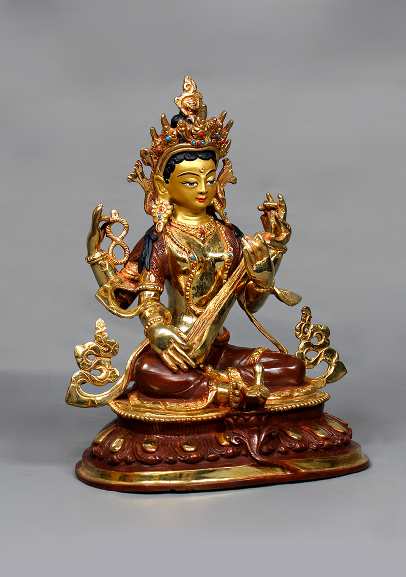 Partly Gold Plated Copper Saraswoti Statue 9.2" H