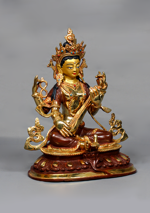Partly Gold Plated Copper Saraswoti Statue 9.2" H