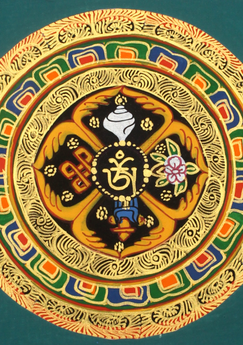 Tibetan Om Auspicious Symbols Hand Painted Mini  Thangka (D)