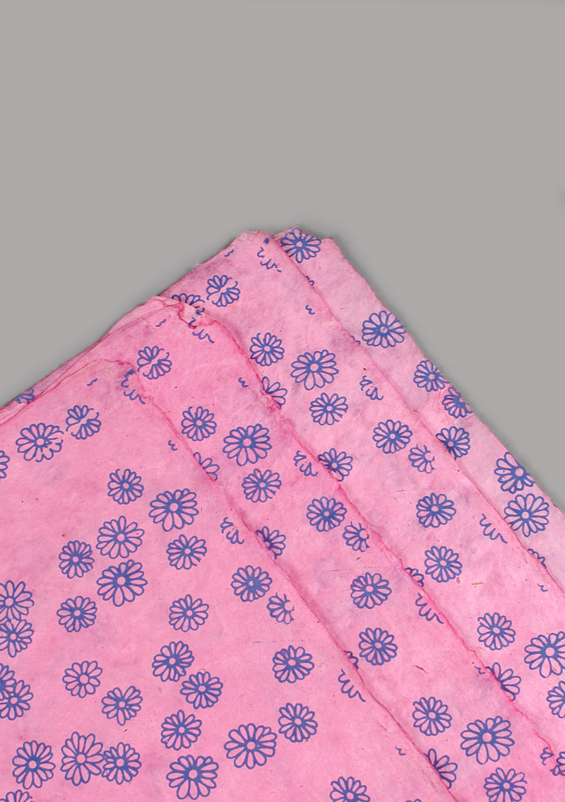 Blue Flower Printed on Pink Background Lokta Paper Gift Wrap