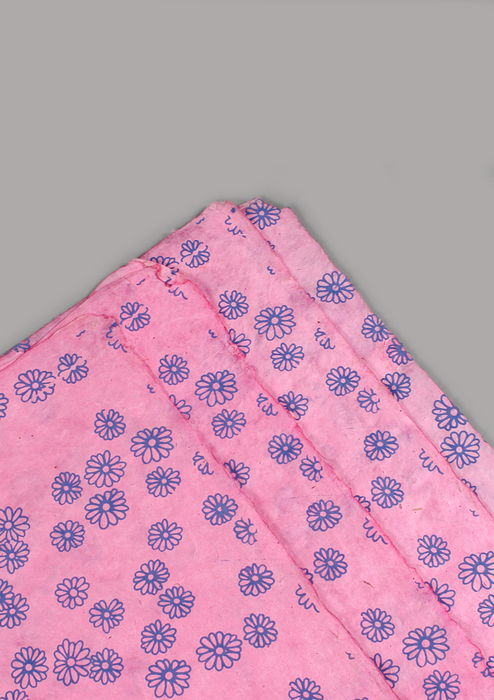 Blue Flower Printed on Pink Background Lokta Paper Gift Wrap