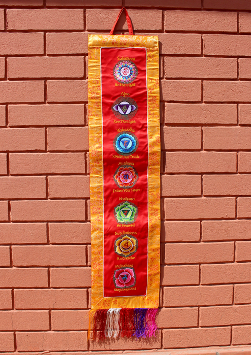 Seven Chakra Embroidery Brocade Framed Wall Hanging Banner