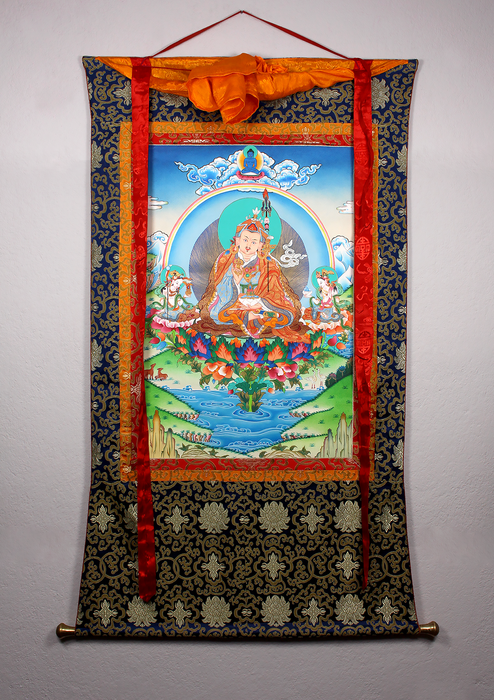 Guru Rinpoche with Two Consorts Brocade Thangka Painting | Handmade Tibetan Buddhist Art from Nepal