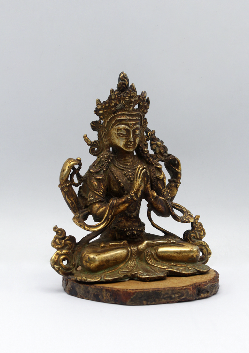 Fully Gold-Plated Chenrezig Statue with Antique Finish 5"H