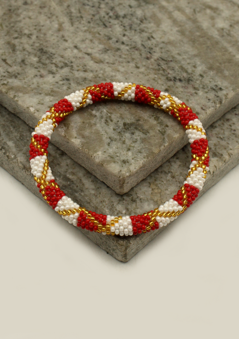 Golden Red White  Stripe Roll Beads Bracelet