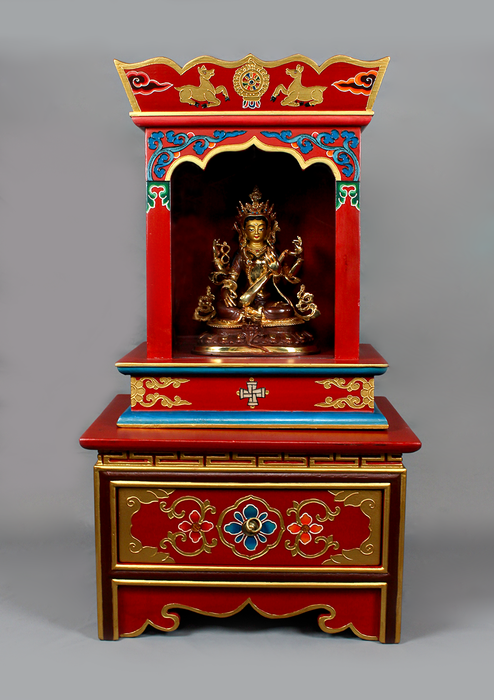 Handpainted Tibetan Wooden Shrine Box Table with Drawer