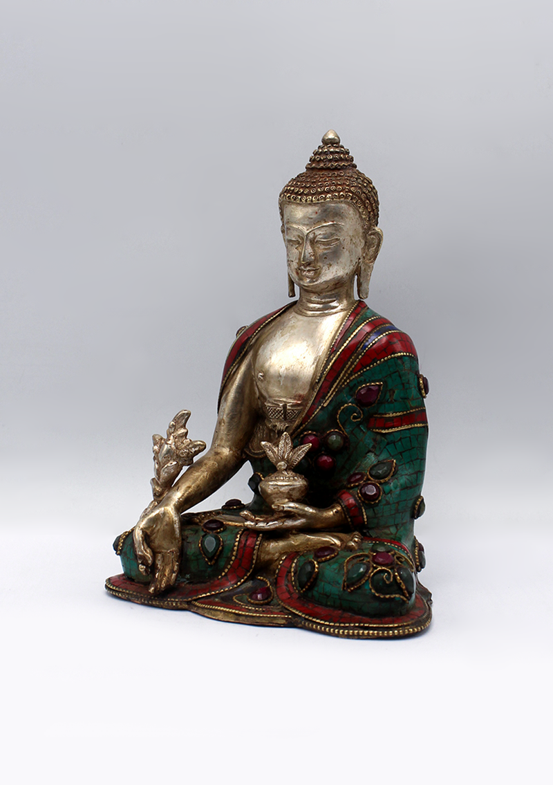 Stone Inlaid Copper Silverplated Medicine Buddha Statue 6.5"H