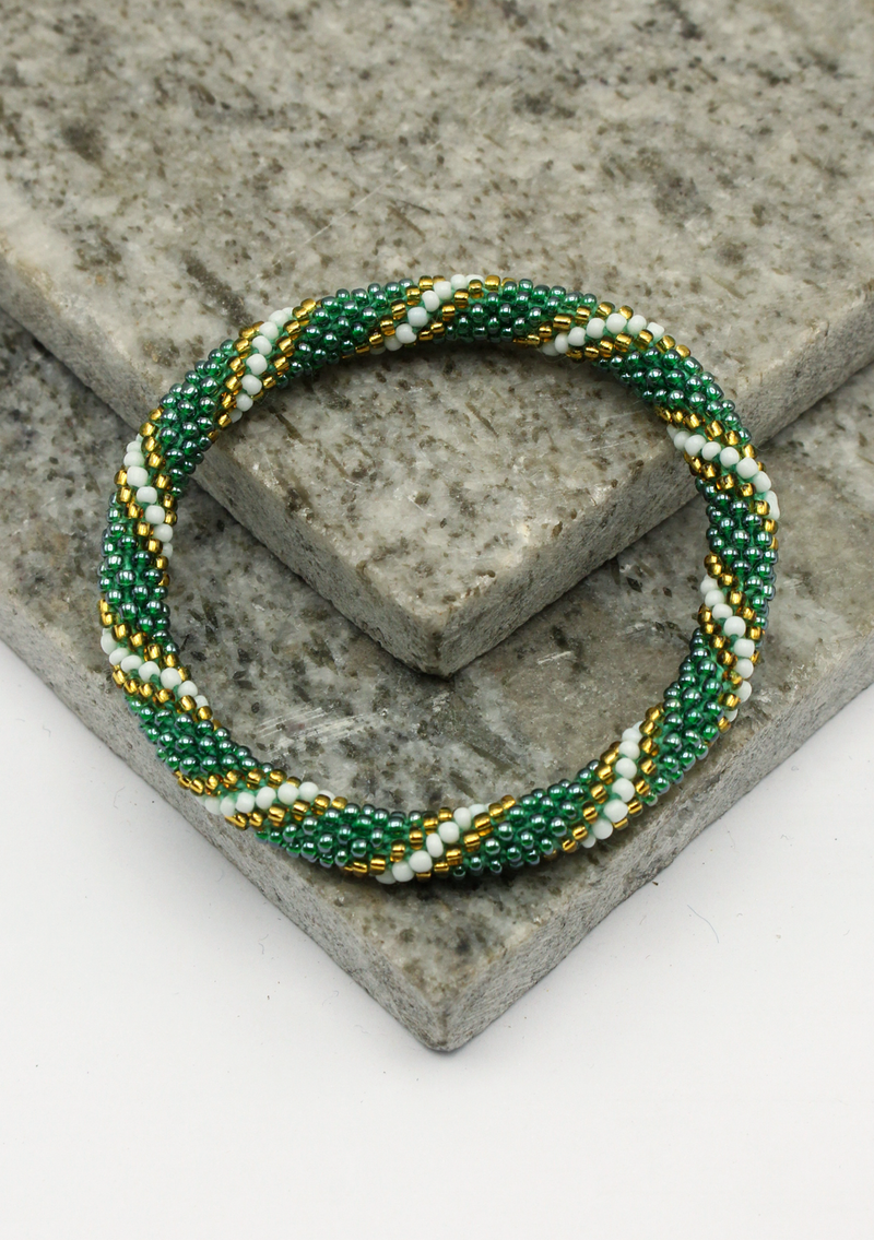Green Gold White Stripe Roll on Beads Bracelet