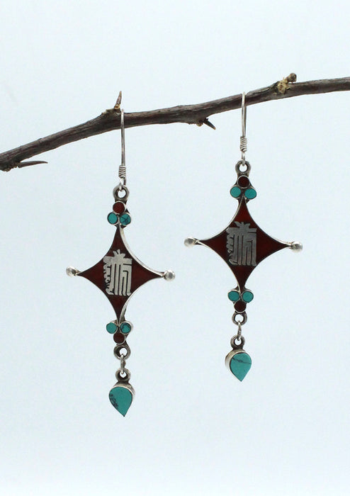 Sterling Silver Star Shaped Kalachakra Earrings with Inlaid Turquoise and Coral