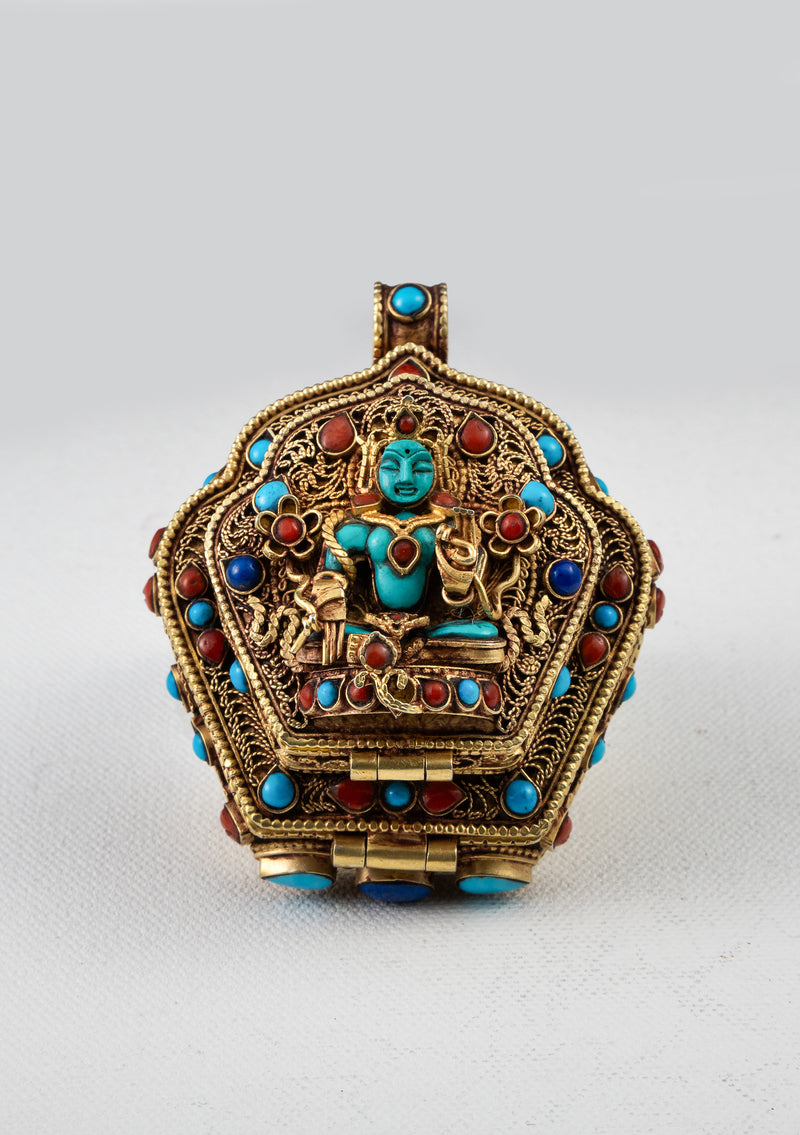 925 Silver Tibetan Ghau with Gold Plating - Green Tara, Chenrezig & Medicine Buddha