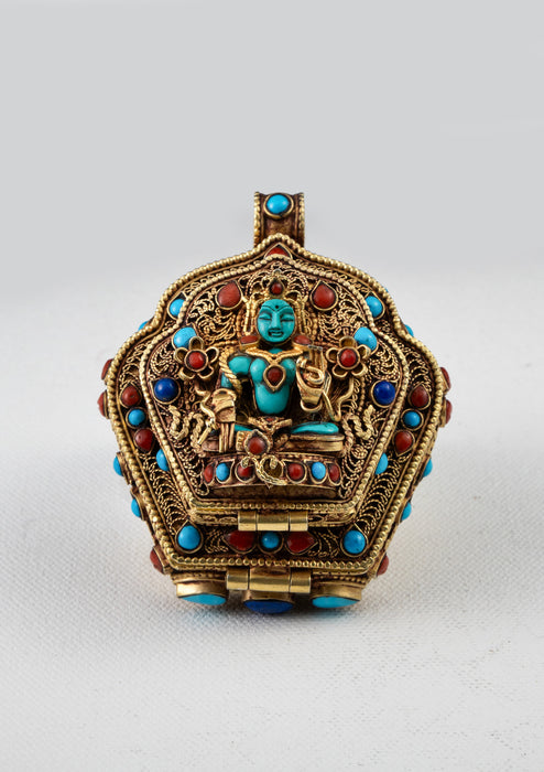 925 Silver Tibetan Ghau with Gold Plating - Green Tara, Chenrezig & Medicine Buddha