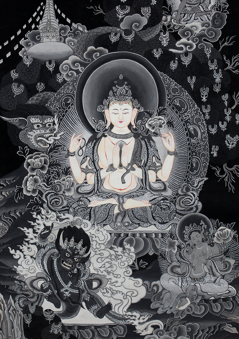 Black and White Chenrezig Brocade Thangka Painting