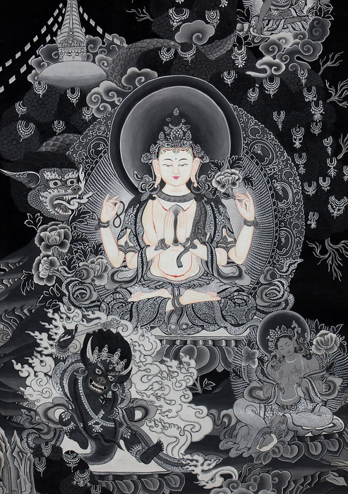 Black and White Chenrezig Brocade Thangka Painting