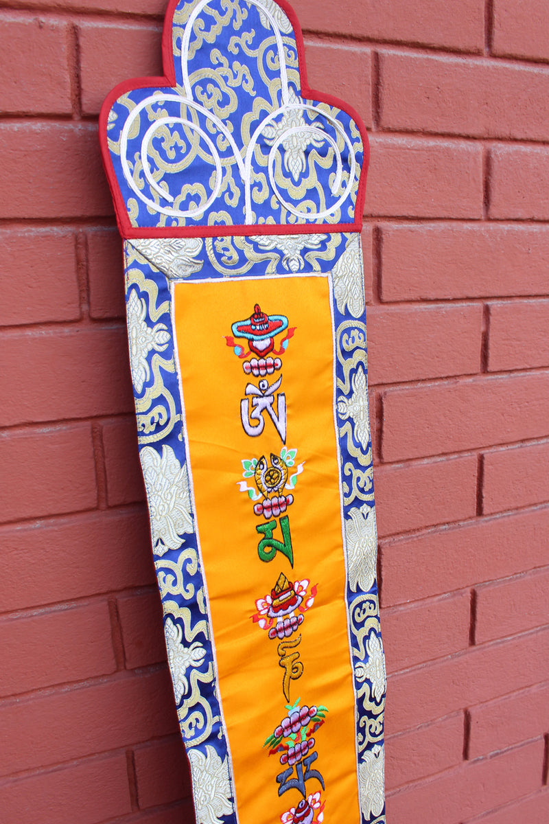 Om Mani and Lucky Symbols Polyester Brocade Banner