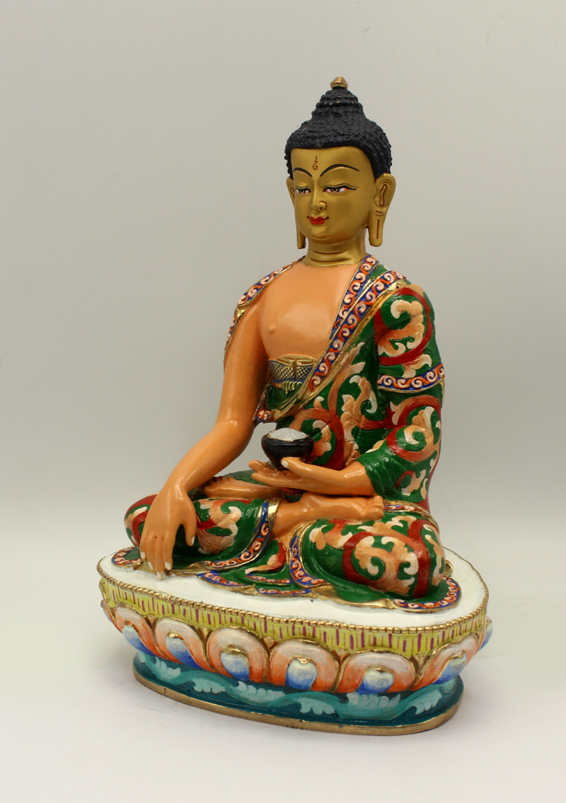 Partly Gold Plated Floral Motif Painted Shakyamuni Buddha Statue 8"H