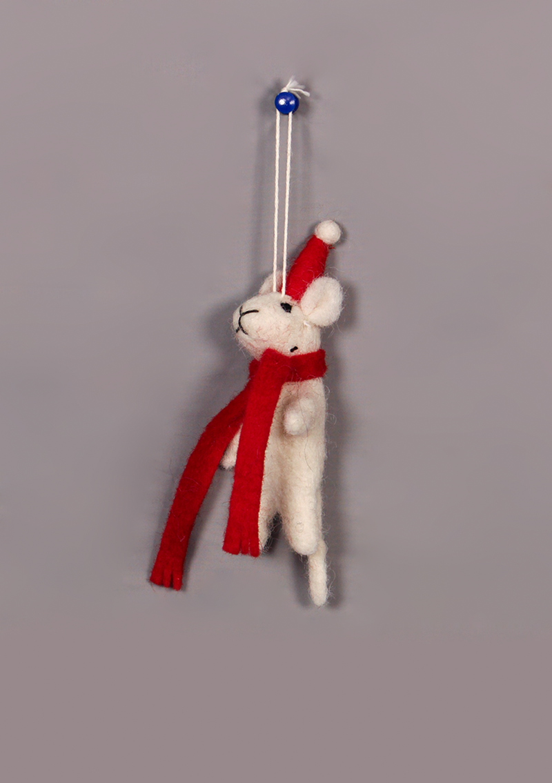 Handmade Felt Mouse with Red Scarf Hanging Decor