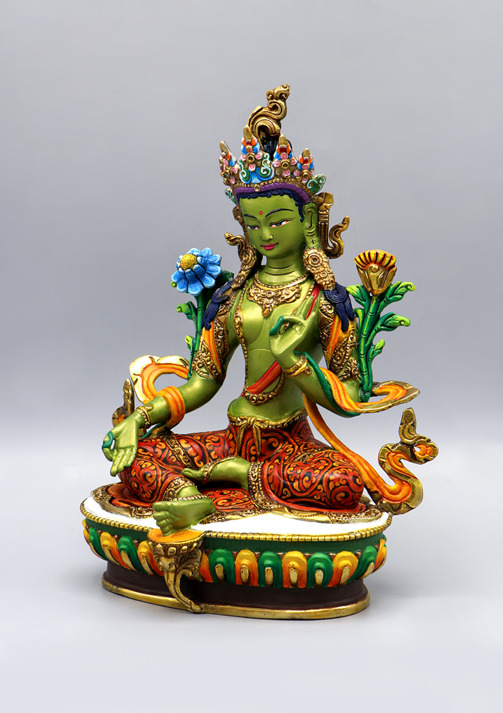 Green Tara  Handpainted  Copper Goldplated  Statue 9"H