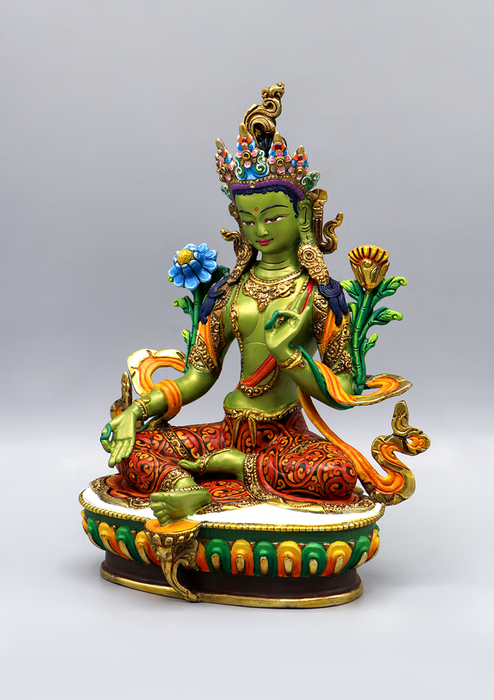 Green Tara  Handpainted  Copper Goldplated  Statue 9"H