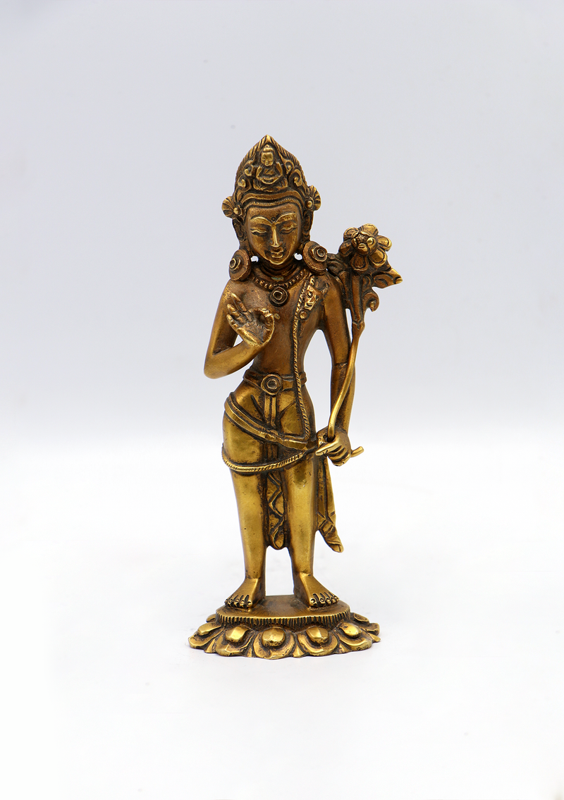 Fully Gold Plated Standing Lokeshwora with Flower Statue 6"H