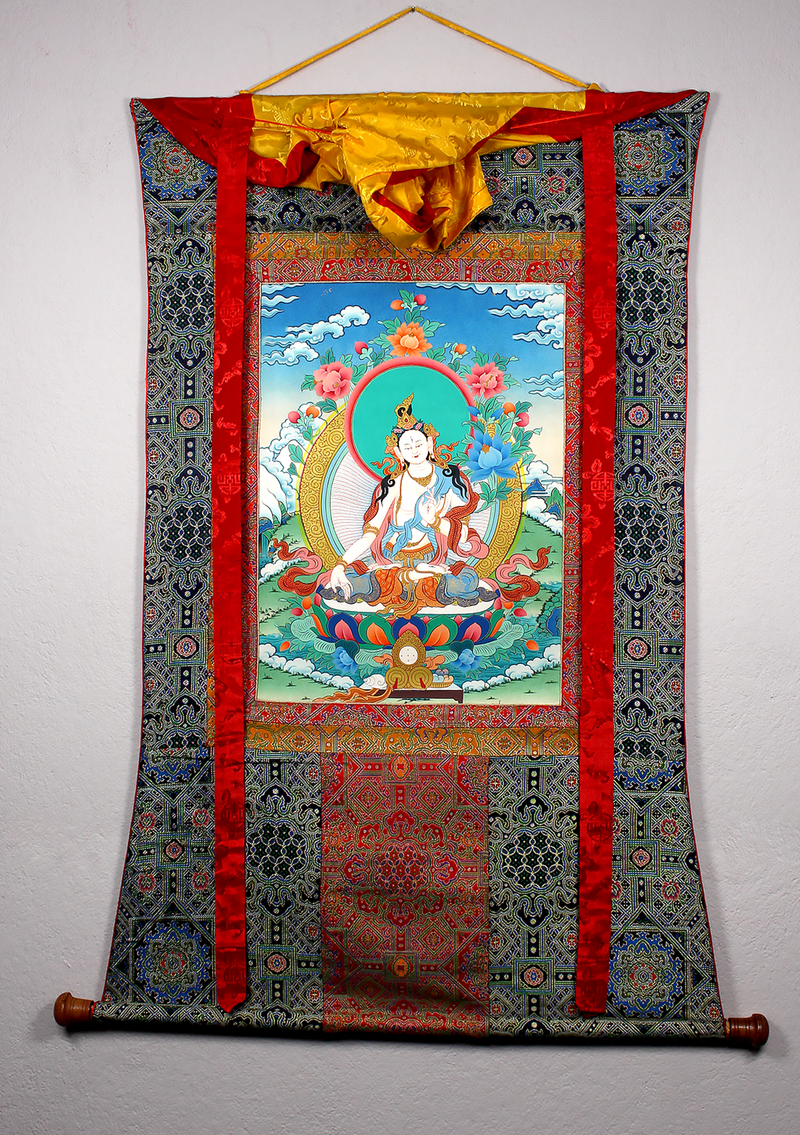White Tara Khadi Brocade Thangka Painting