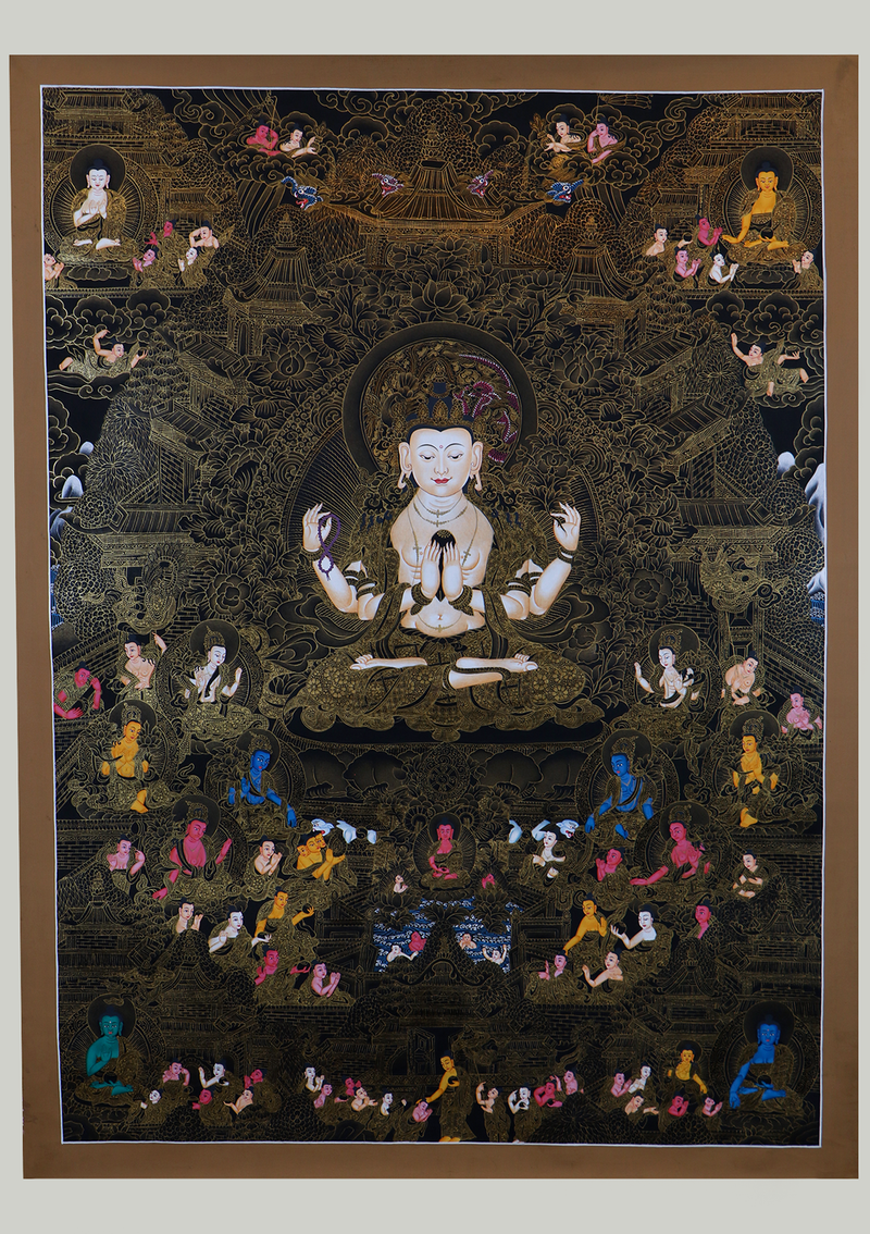Black and Gold Chenrezig God of Compassion  & Disciples  Sacred Thangka Painting