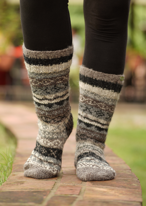 Natural Grey and White Hand Knitted Knee High Socks