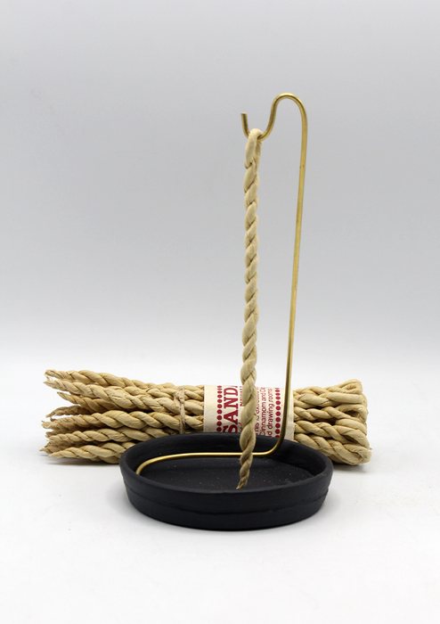 Homemade Sandalwood Nepali Rope Incense and Ceramic Base Plate with Brass Stand Set
