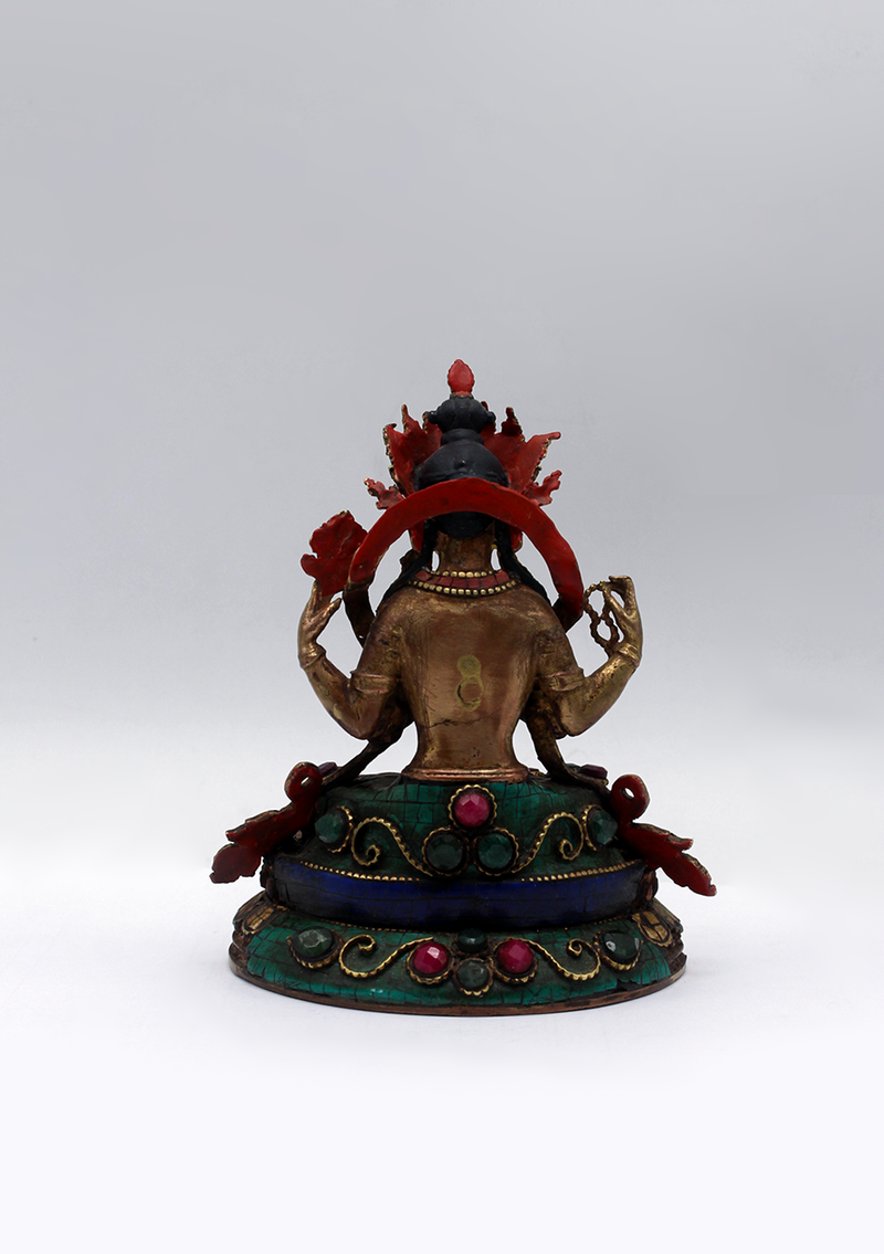 Stone Inlaid Copper Chenrezig Statue 4.5"H