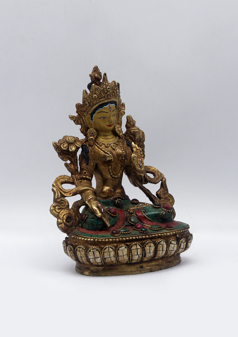 Stone Inlaid Copper White Tara Statue 6"H