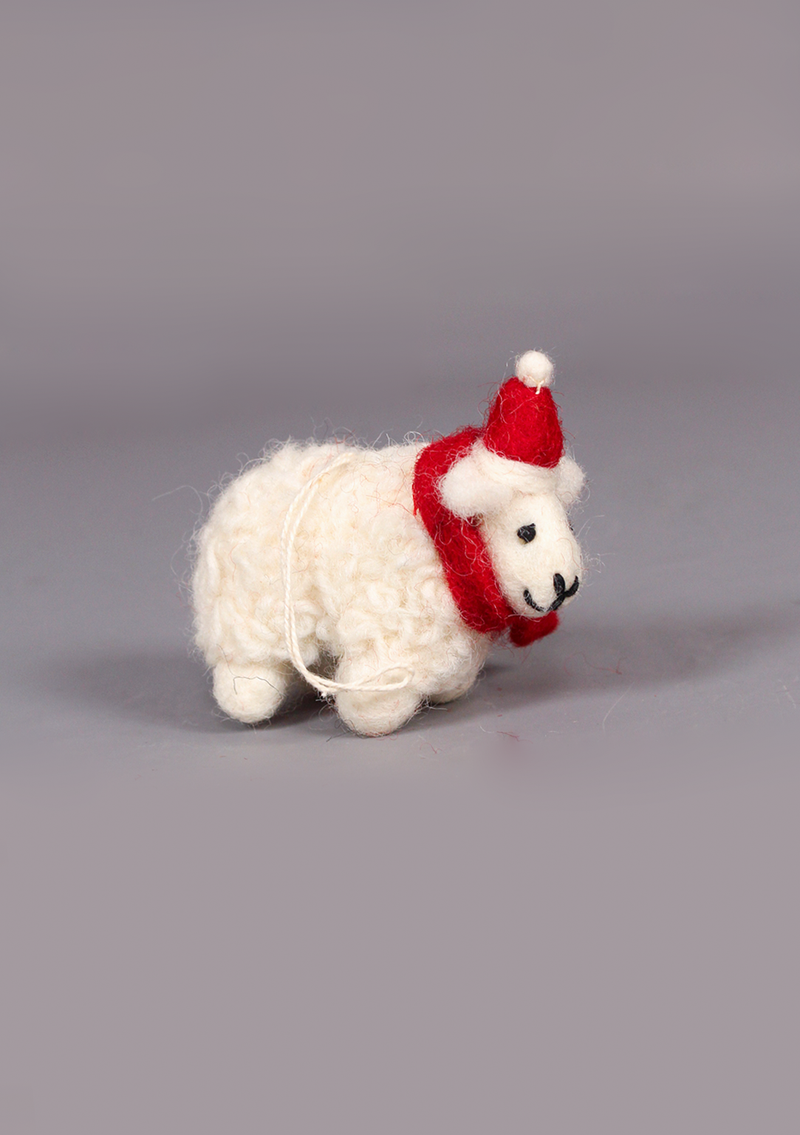 Handmade Felt Sheep with Red Scarf Hanging Decor