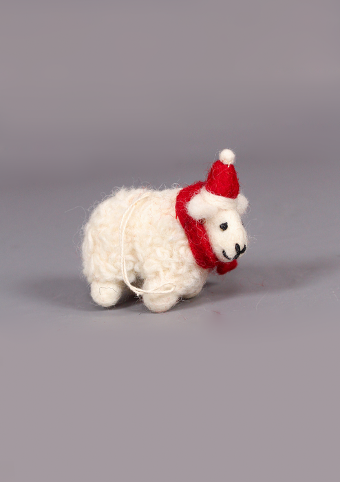 Handmade Felt Sheep with Red Scarf Hanging Decor