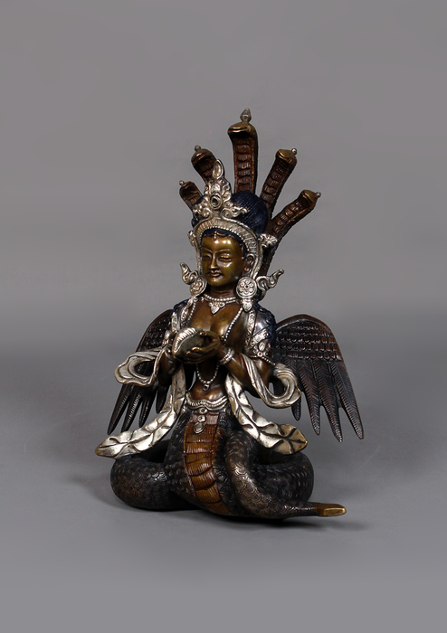 Copper Nagakanya Statue with Silver Highlights 8.7" H